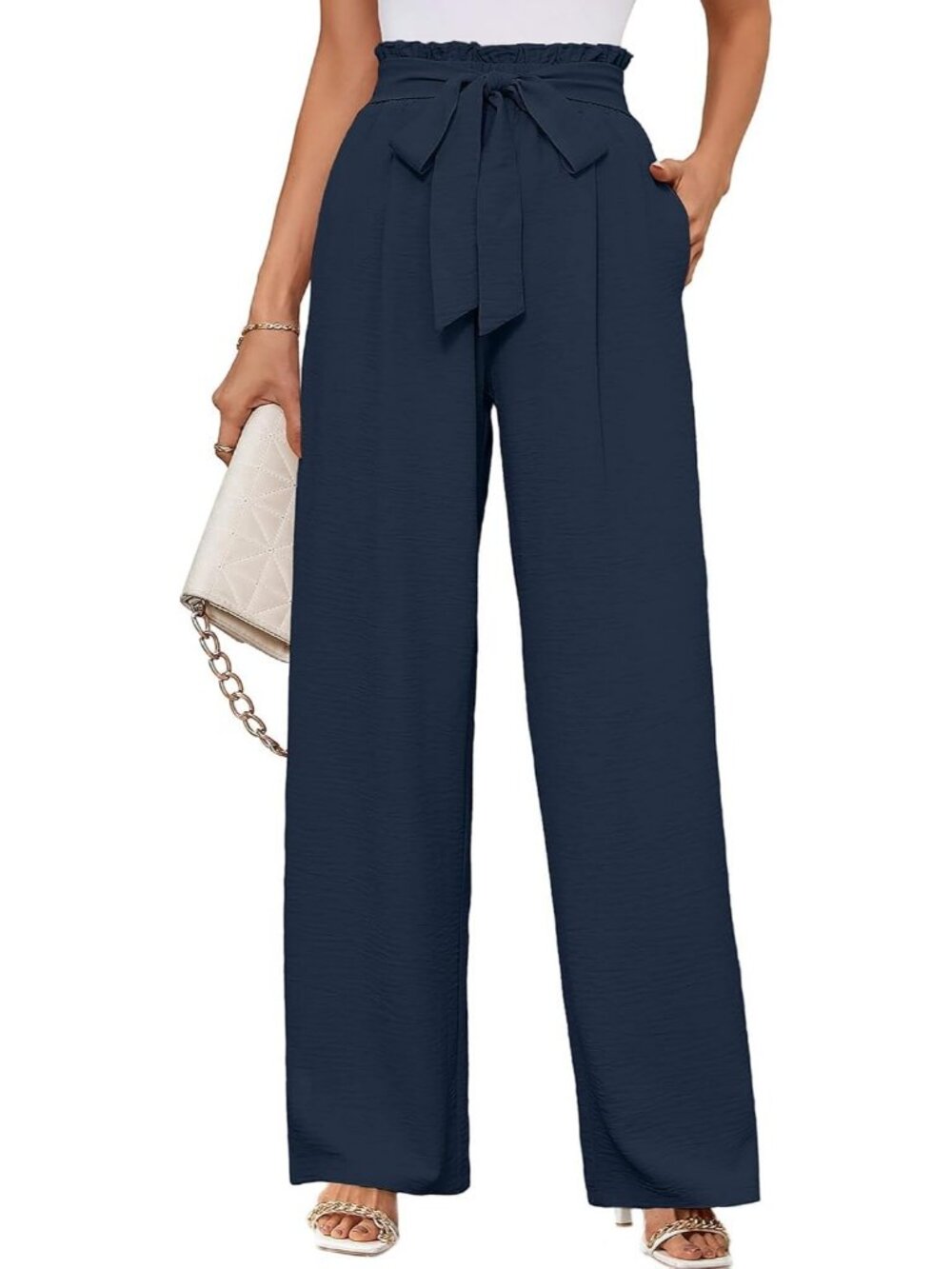 Women's Dark Blue Wide Leg Pant High Waisted Tie Knot Loose Comfy Casual Trouser